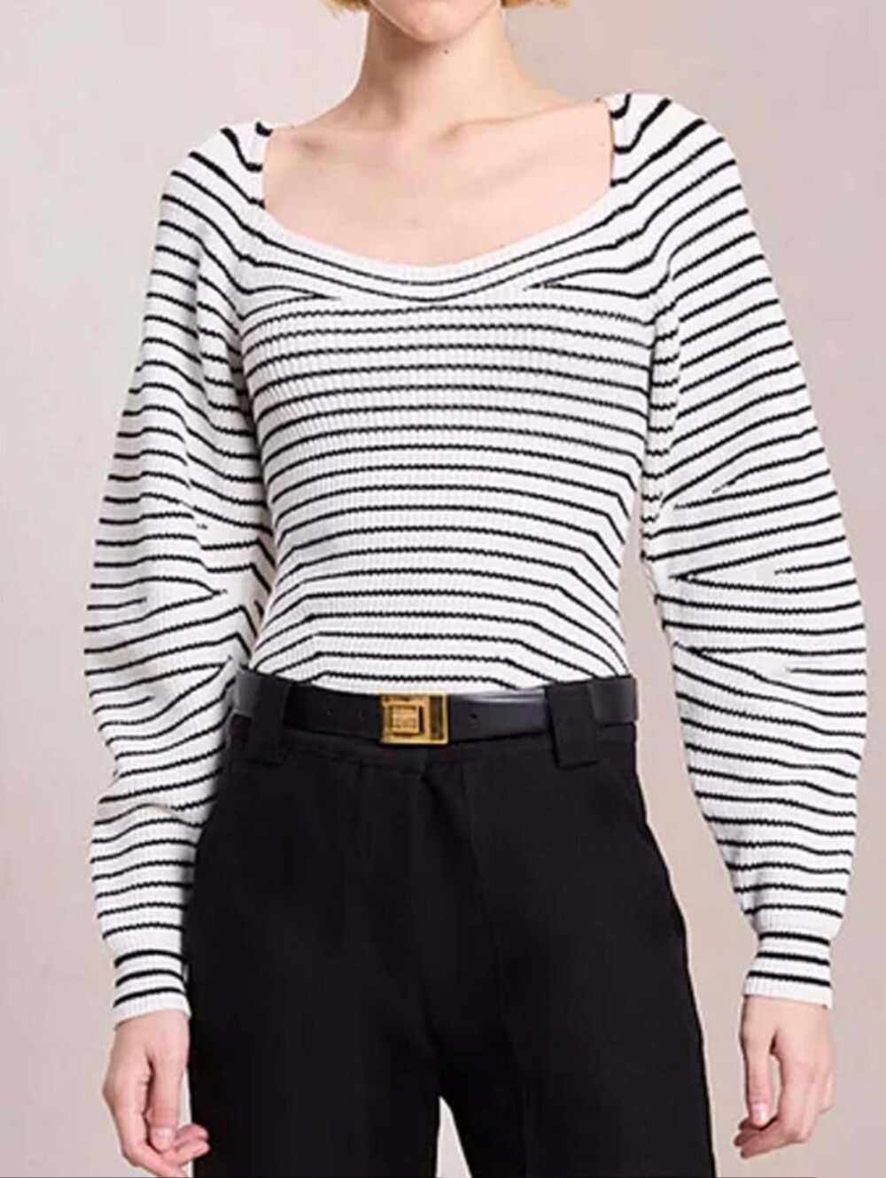 A.L.C. Maeve Striped Sweater S Balloon Sleeves Cotton Black White Top